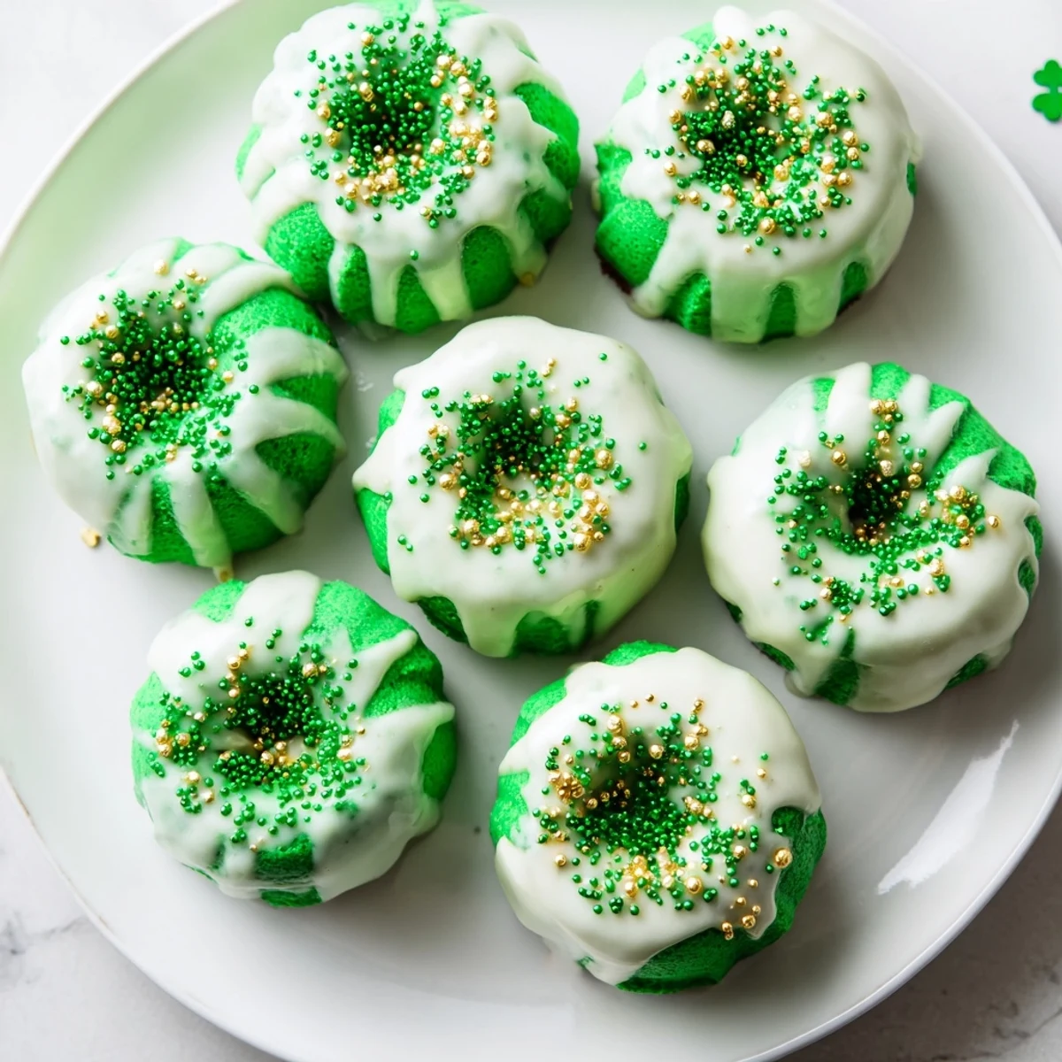 Green velvet mini bundt cakes topped with vanilla icing and gold sprinkles for celebration