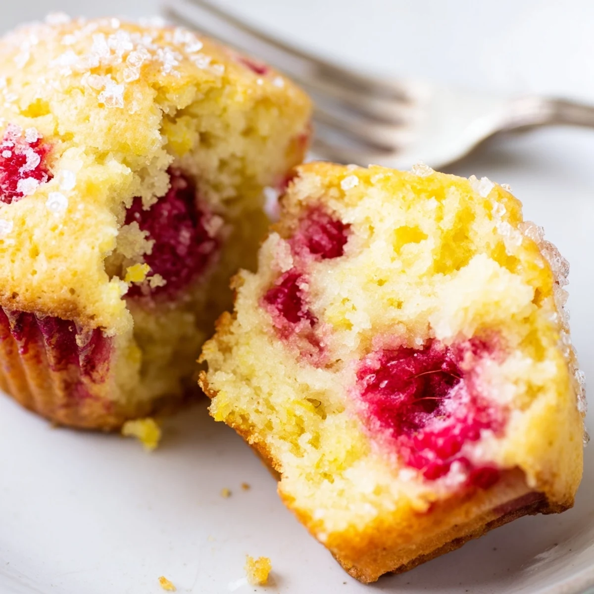Golden lemon raspberry muffins topped with coarse sugar, fresh raspberries visible inside the fluffy crumb