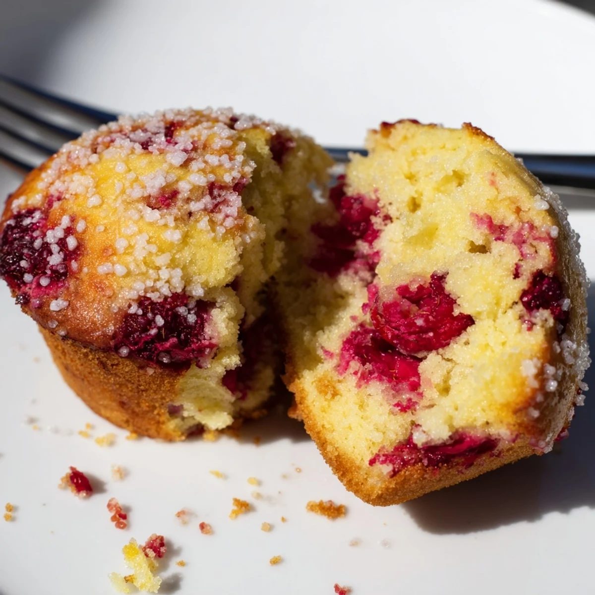 Freshly baked lemon raspberry muffins cooling on wire rack, bursting with juicy berries and citrus flavor