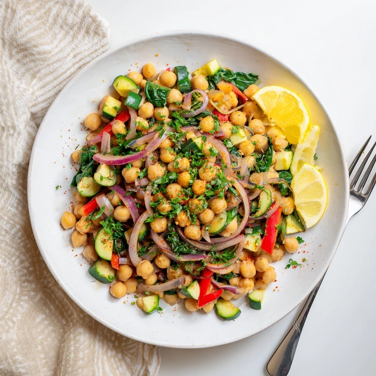 Golden chickpea lemon skillet with colorful vegetables in a cast iron pan