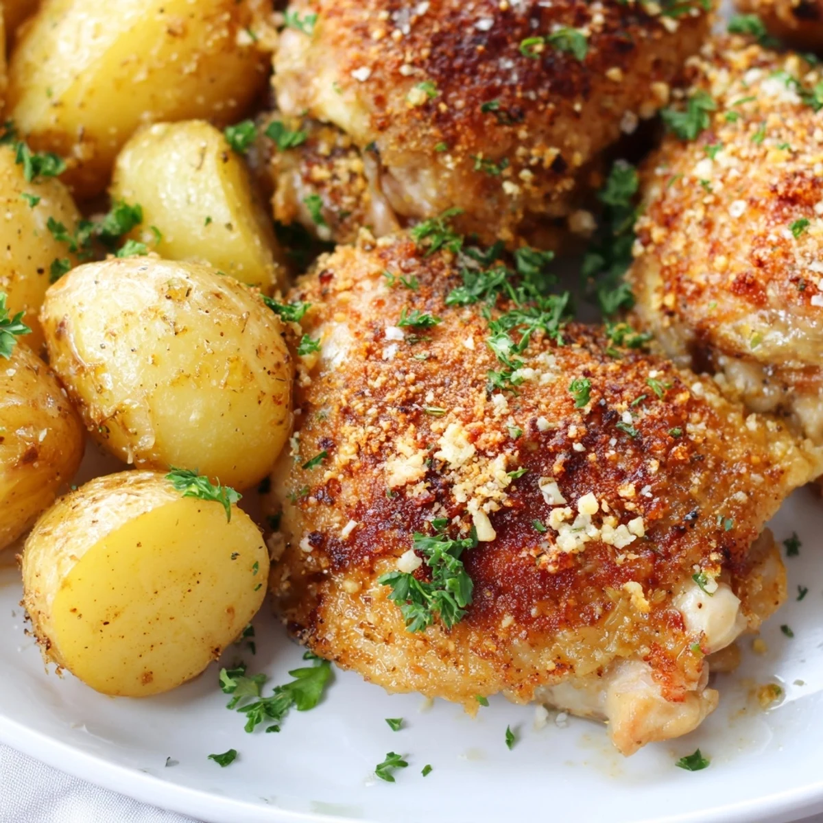 Golden roasted chicken breasts and tender baby potatoes topped with melted Parmesan and fresh parsley garnish on a baking sheet