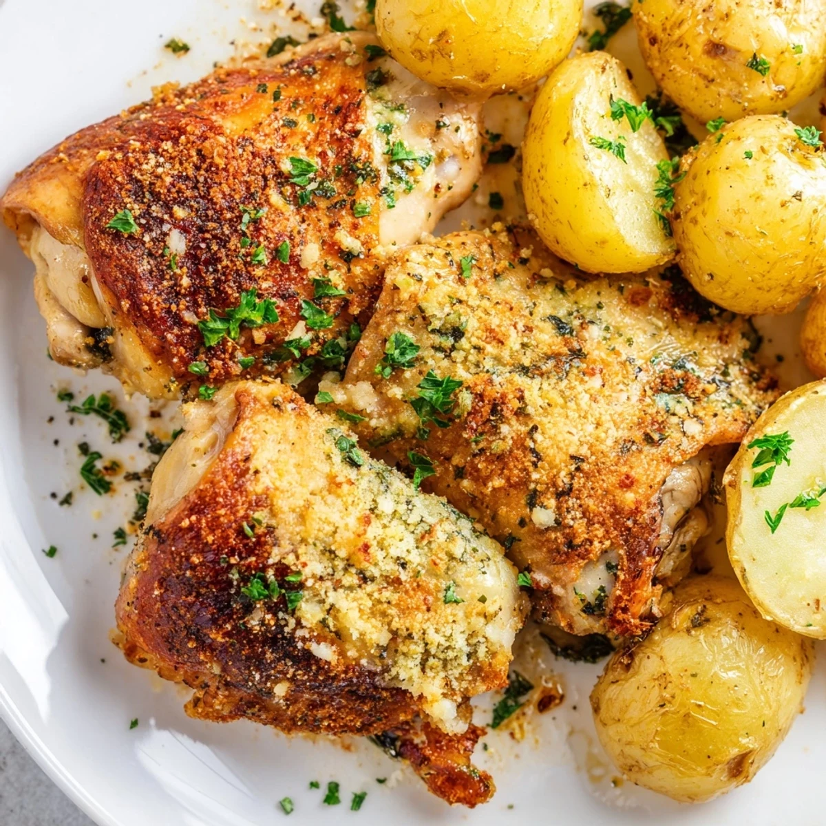 One-pan garlic Parmesan chicken and potatoes baking until golden with crispy edges and savory herb coating