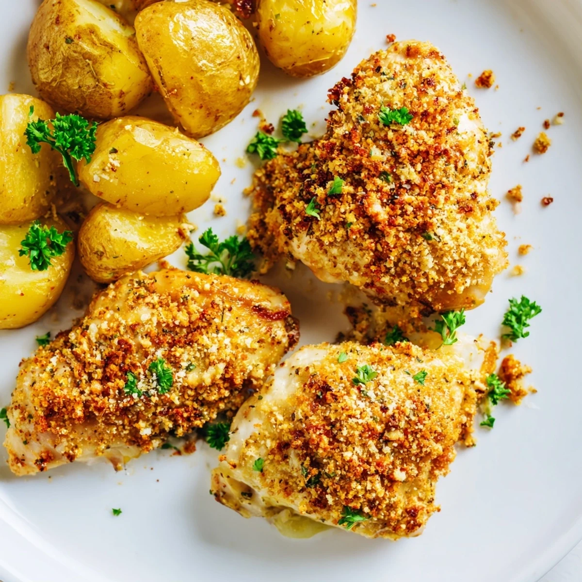 Crispy potato wedges surrounding juicy garlic parmesan chicken breasts fresh from the oven with green parsley sprinkles