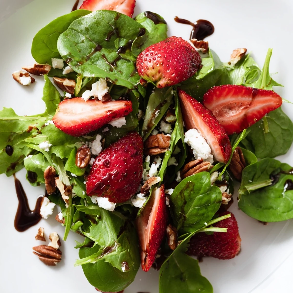 Fresh Strawberry Fields Salad bowl with juicy berries, tangy goat cheese, and toasted pecans over mixed greens drizzled with balsamic dressing