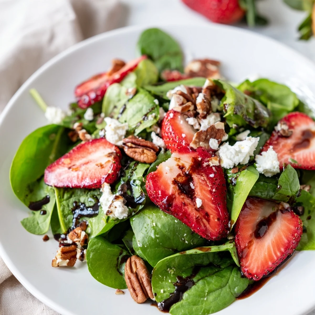 Colorful Strawberry Fields Salad platter arranged with fresh strawberries, mixed baby greens, walnuts, and creamy goat cheese topping for light lunch
