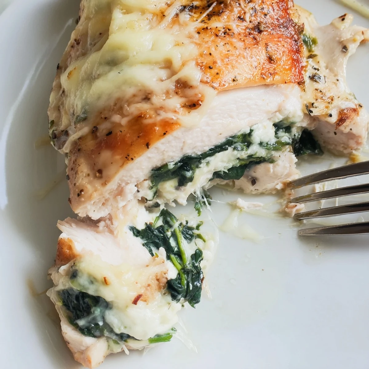 Golden baked ricotta chicken stuffed with spinach and herbs atop a white serving platter