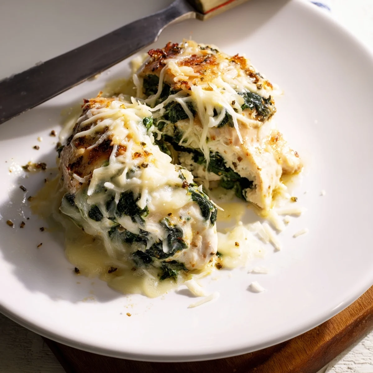Juicy stuffed chicken breast oozing ricotta and spinach filling topped with melted mozzarella cheese