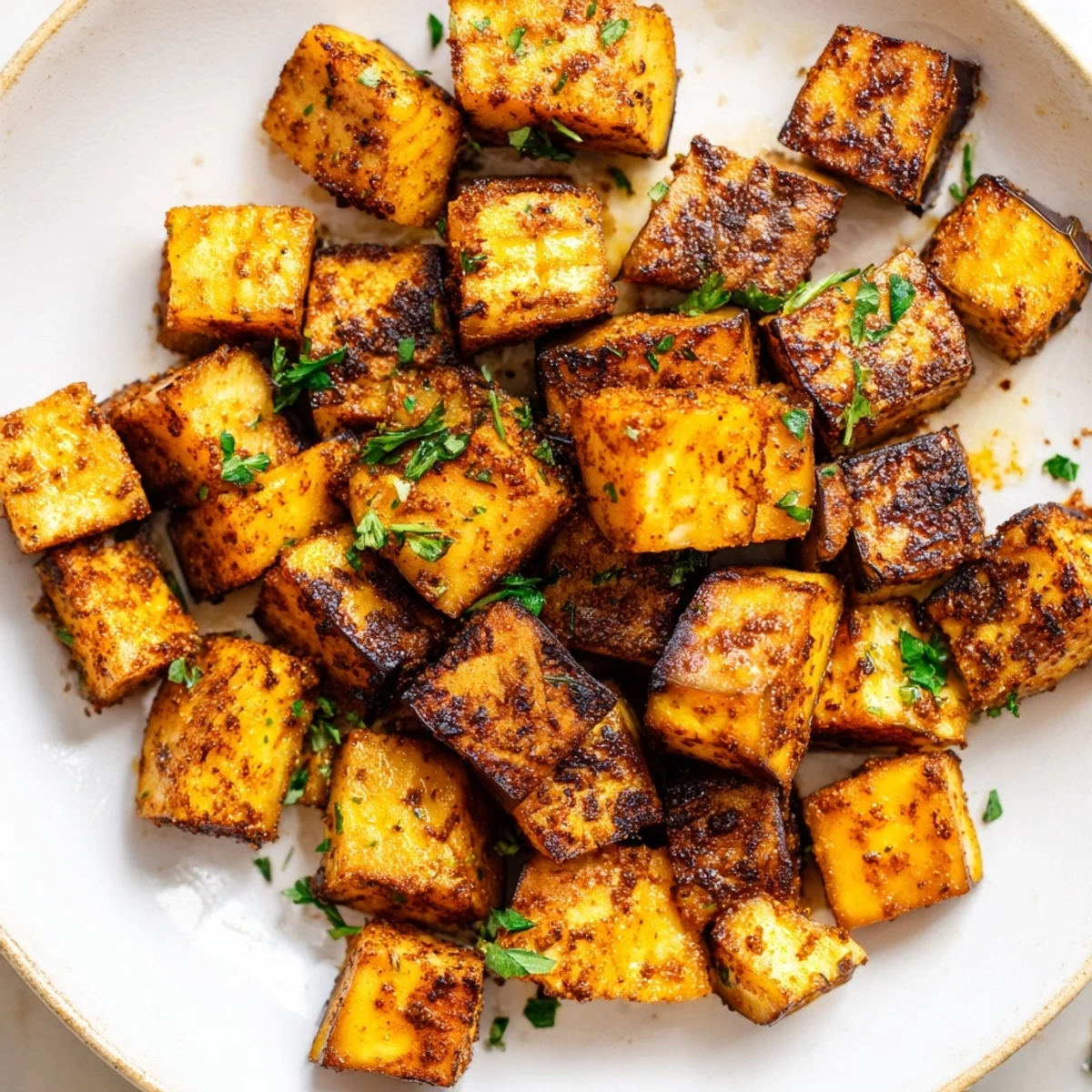 Crispy Mediterranean style low calorie air fryer eggplant garnished with fresh chopped parsley