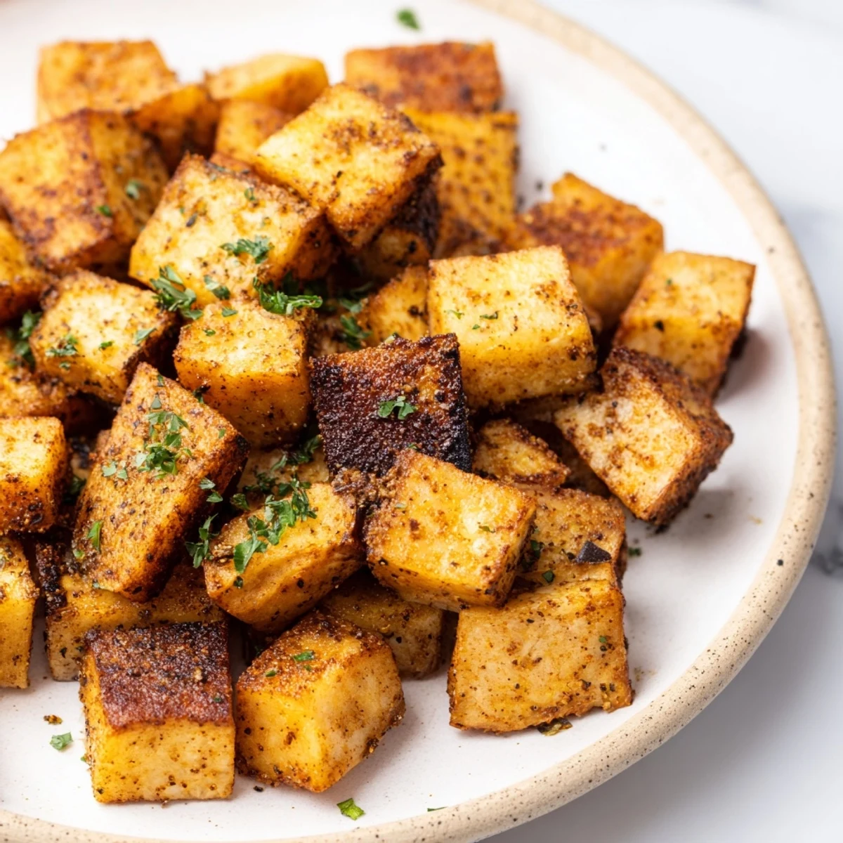 Golden brown low calorie air fryer eggplant cubes arranged on a white serving plate