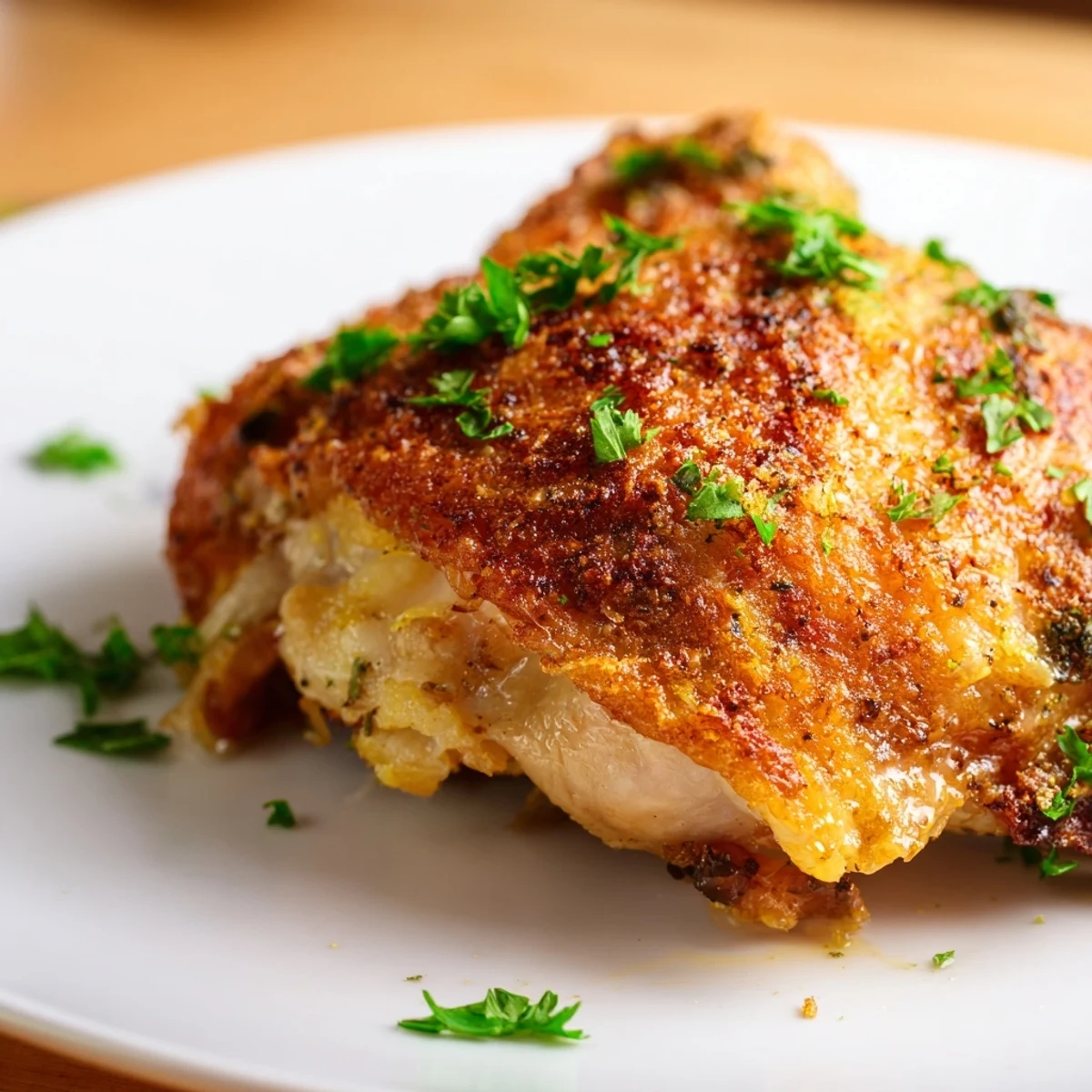 Golden buttermilk roasted chicken with crispy herb-seasoned skin served on a white platter with fresh lemon wedges and parsley garnish