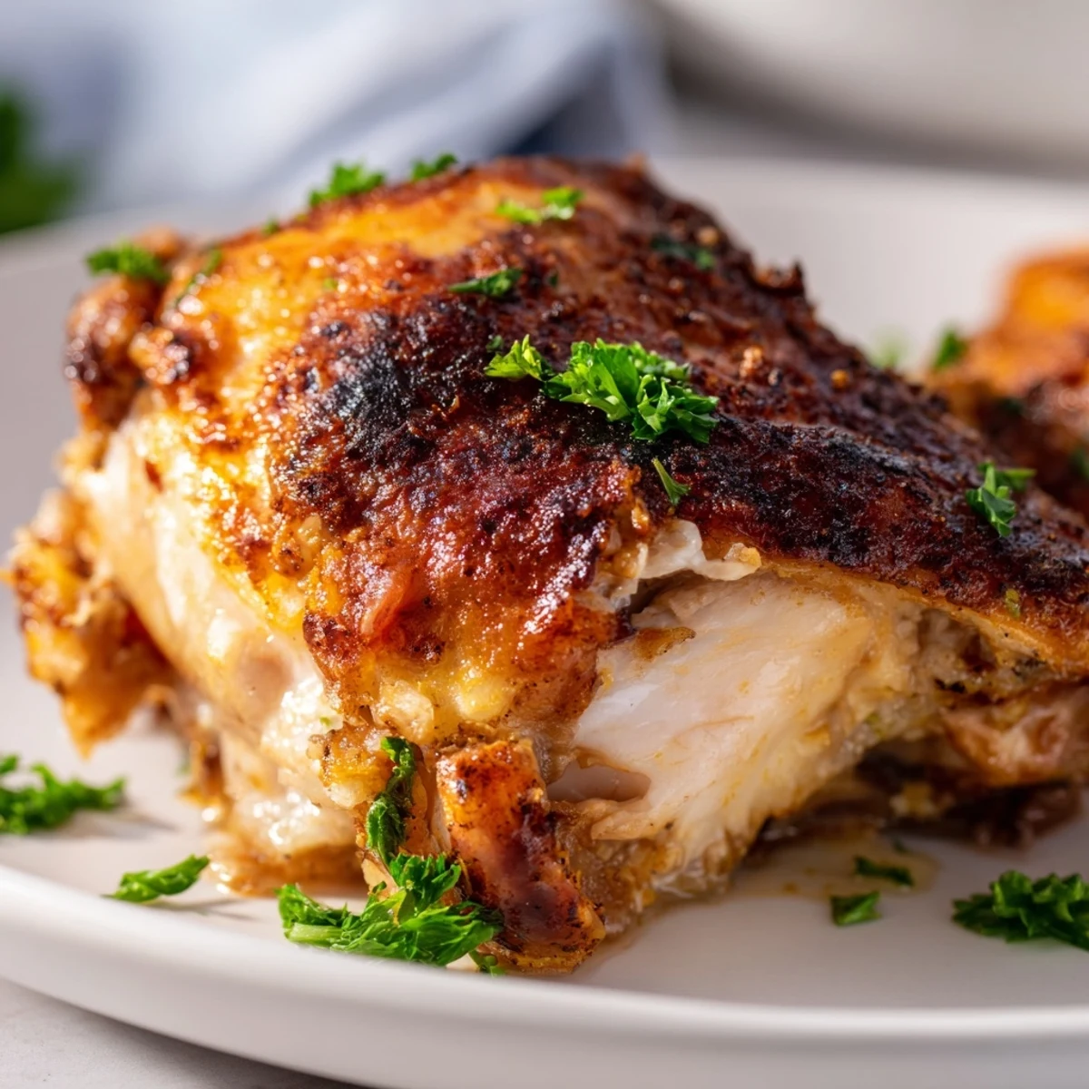Whole roasted chicken cut into pieces displaying golden crackling skin alongside bright lemon slices and green parsley sprinkles