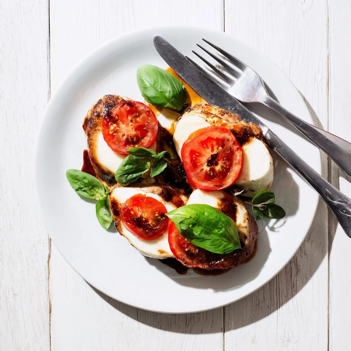 Golden balsamic baked chicken breast with melted mozzarella and fresh basil garnish on a white plate