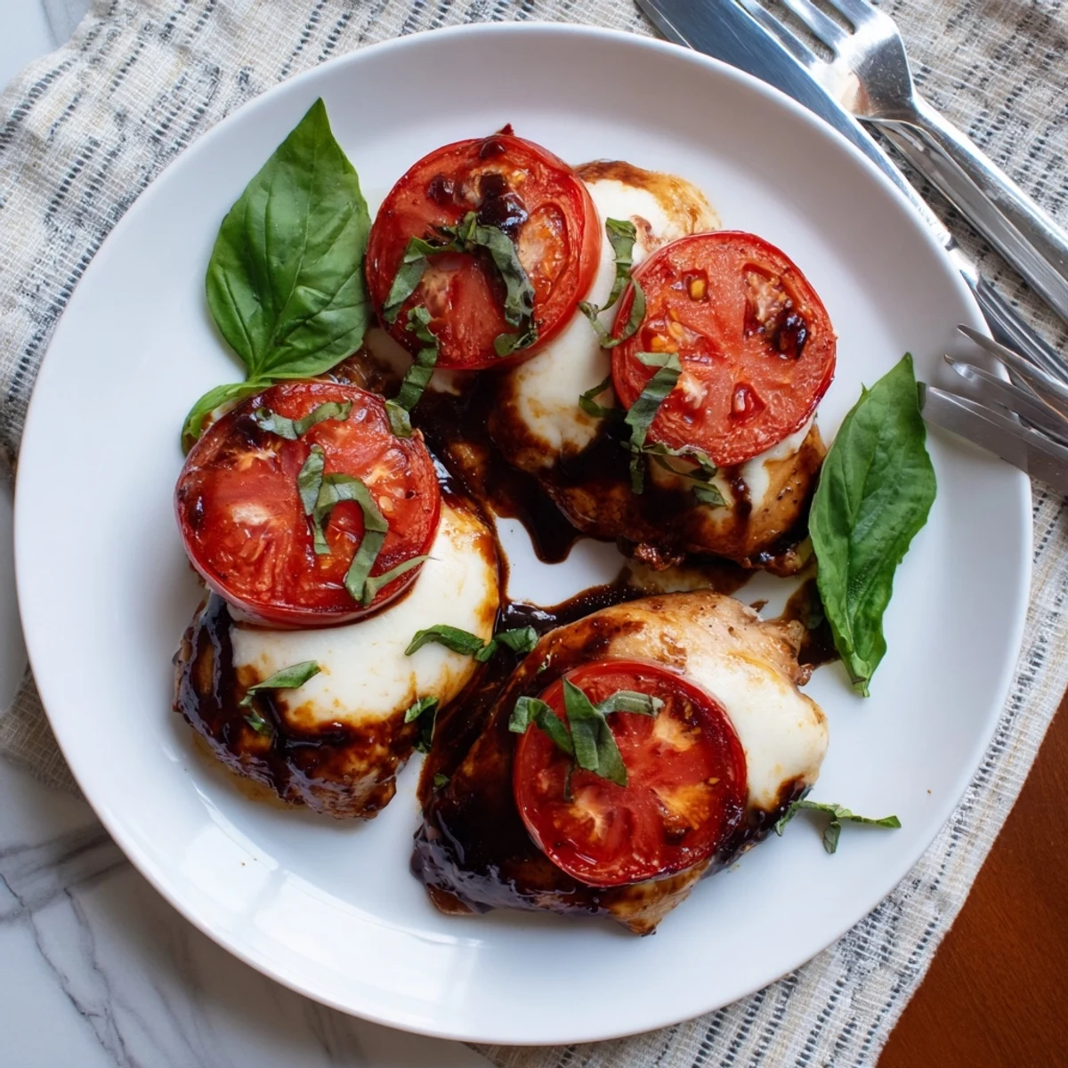 Juicy mozzarella-topped chicken breast bakes in sweet balsamic glaze finished with green basil leaves