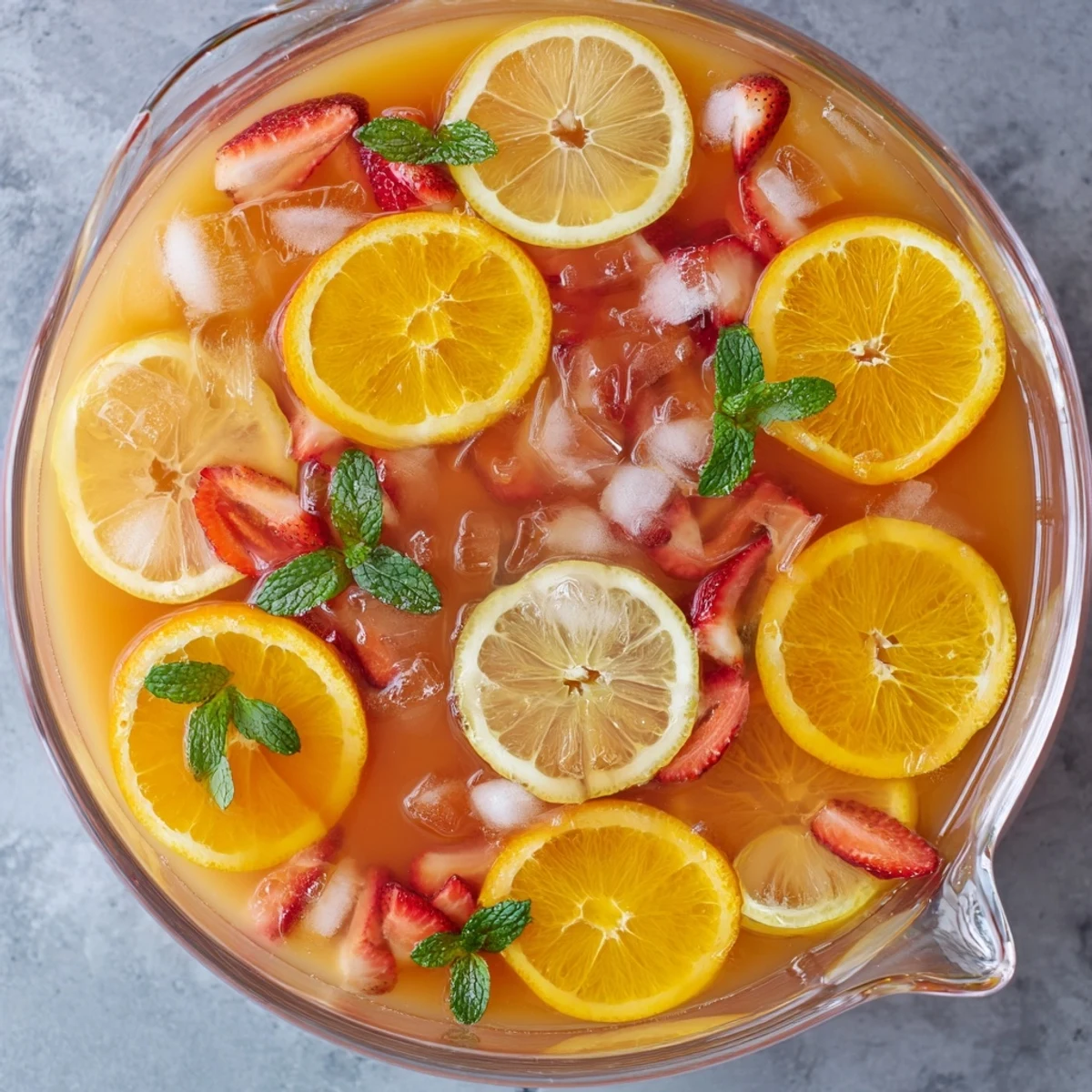 Festive Easter Punch bowl filled with colorful citrus slices, strawberries, and fresh mint floating in sparkling fruit juice
