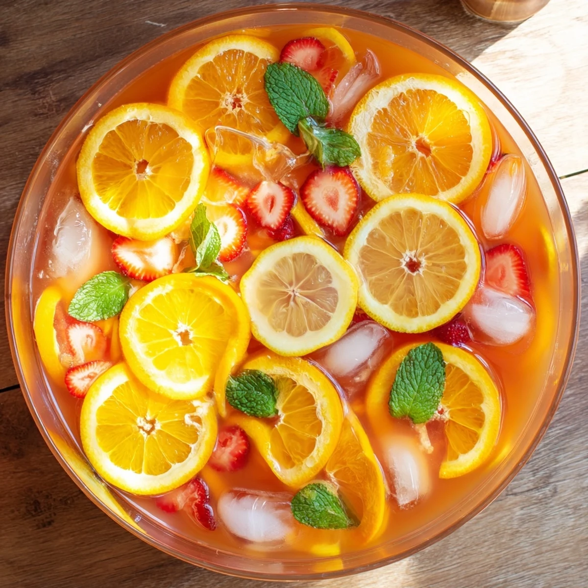 Glass of refreshing Easter Punch garnished with orange wheel, strawberry, and mint sprig on Easter table setting