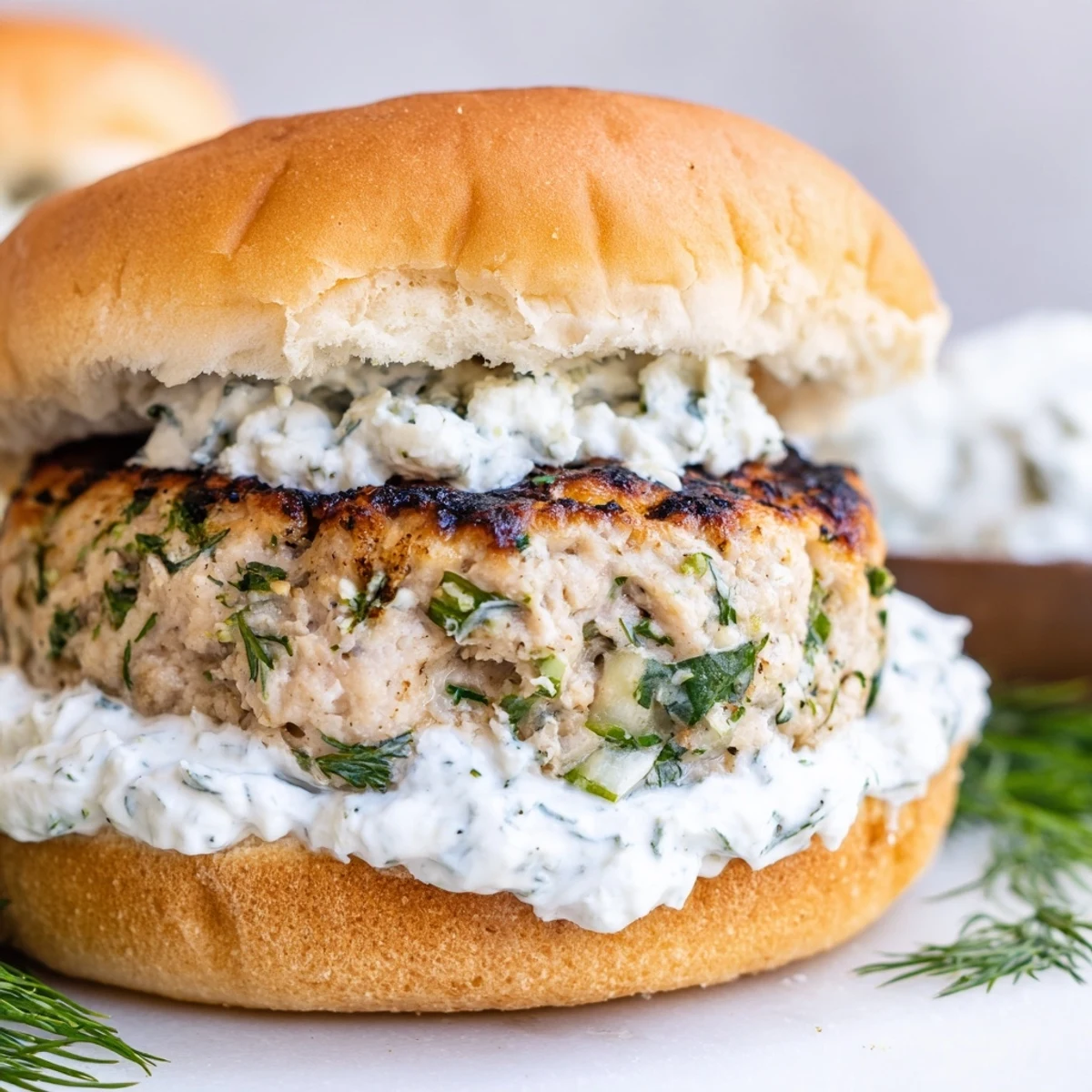 Golden grilled Greek chicken burgers stacked with fresh vegetables and generous dollops of creamy tzatziki sauce