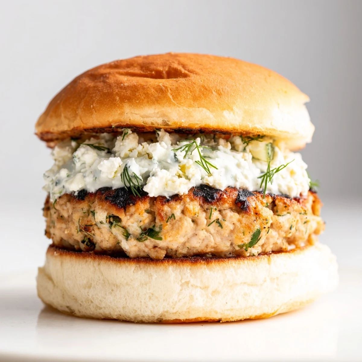 Succulent Mediterranean chicken patties seasoned with herbs and feta, nestled in toasted buns with tangy yogurt sauce