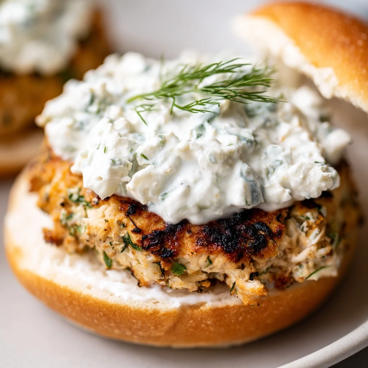 Juicy homemade Greek chicken burgers topped with crisp lettuce, tomato, onion, and cool cucumber tzatziki dressing