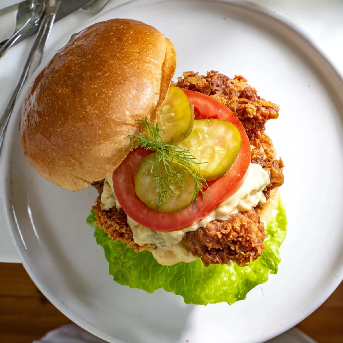 Mouthwatering American fried chicken burger featuring extra crispy coated thigh between soft split bun with crisp vegetables