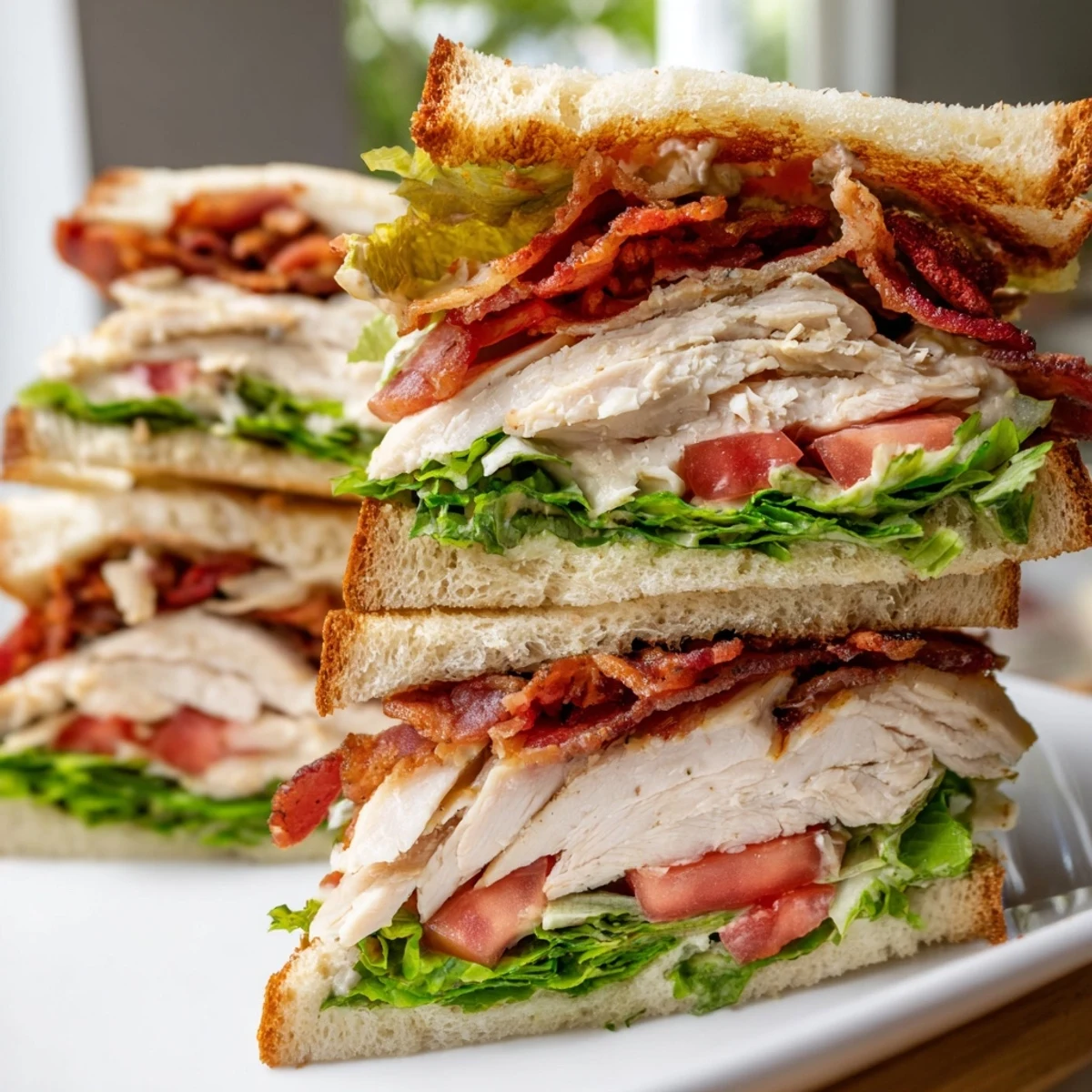 Golden stacked chicken club sandwiches with crispy bacon, fresh lettuce, and juicy tomato layers