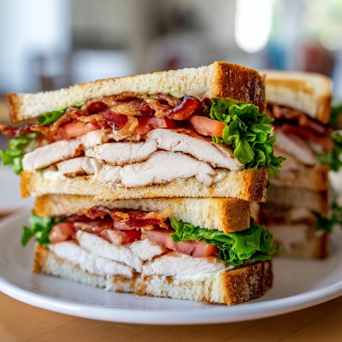 Triple-decker chicken club sandwich cut diagonally showing toasted bread with savory mayonnaise spread