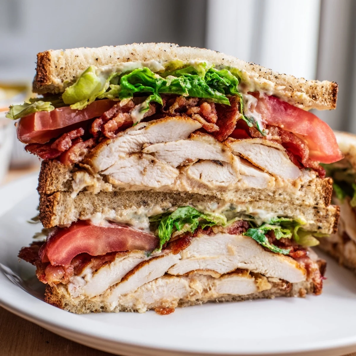 Hearty chicken club sandwich on a white plate featuring tender chicken strips and crisp vegetables