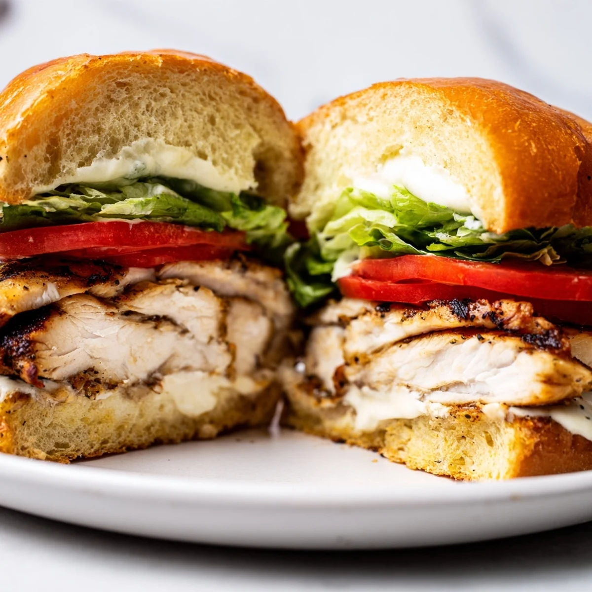 Golden grilled garlic chicken breast layered with crisp lettuce and ripe tomato slices on a toasted bun