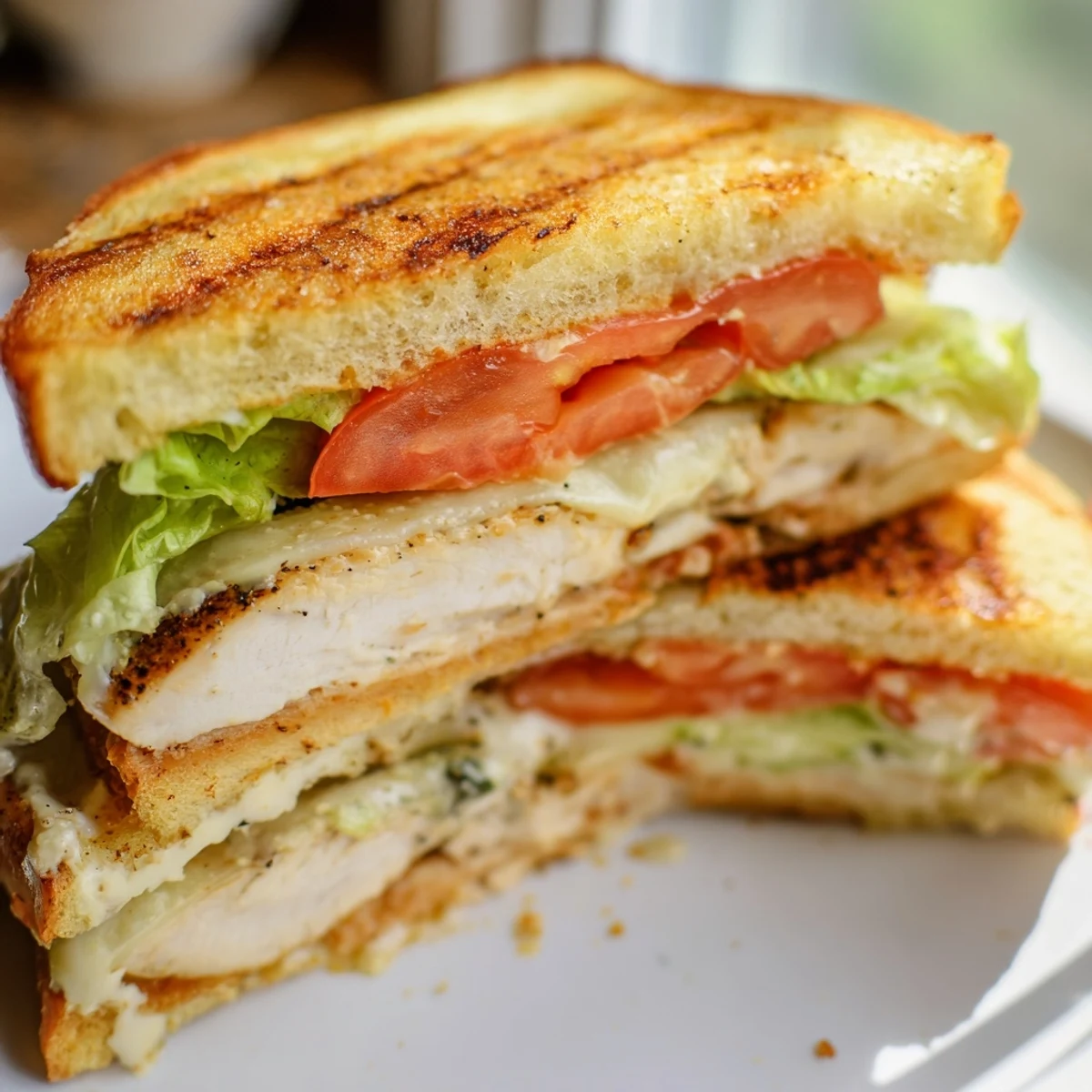 Garlic chicken sandwich stacked high with juicy marinated chicken and fresh vegetables on warm toasted bread