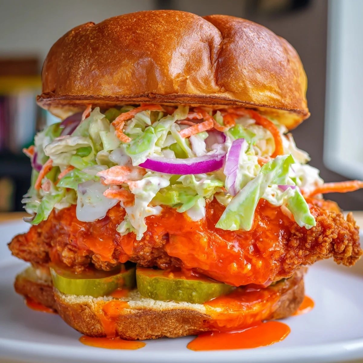 Golden crispy buffalo chicken sandwich topped with creamy ranch slaw on toasted brioche bun