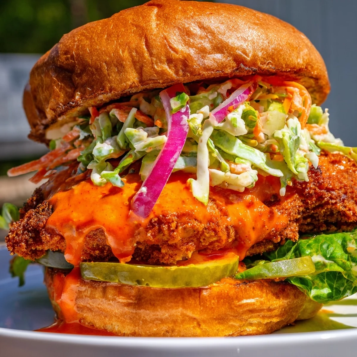 Spicy buffalo chicken breast fillet with cool cabbage slaw nestled in soft sesame bun