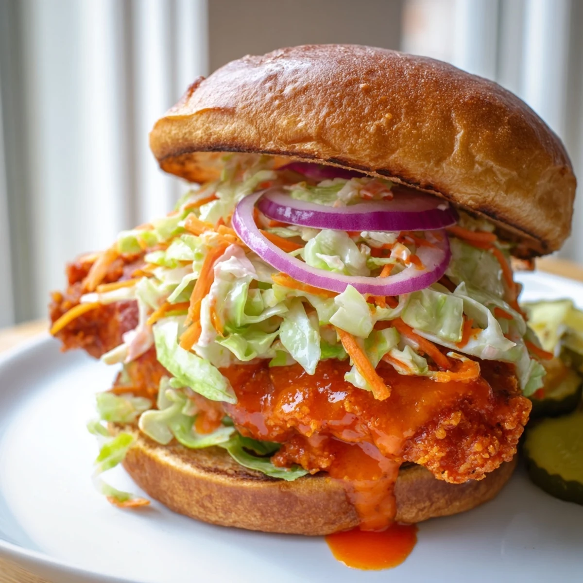 Crispy fried buffalo chicken sandwich layered with tangy ranch coleslaw on golden brioche bread