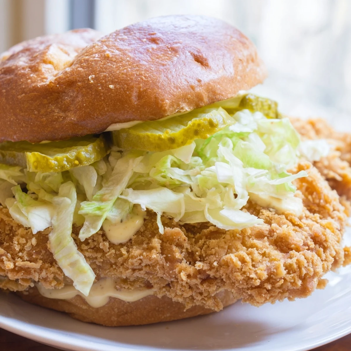 Mouthwatering crispy chicken burger featuring golden-brown fried chicken layered with crisp vegetables and creamy sauce on a warm toasted bun