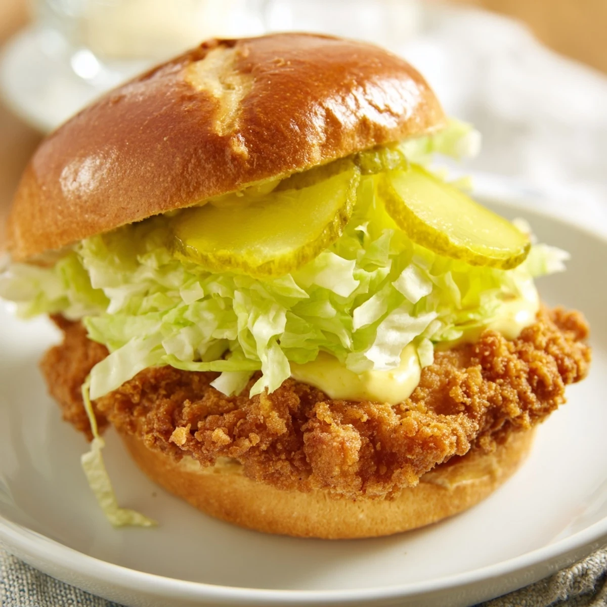 Homemade crispy chicken burger stacked with buttermilk fried chicken, shredded lettuce, dill pickles, and special sauce on a buttery brioche bun