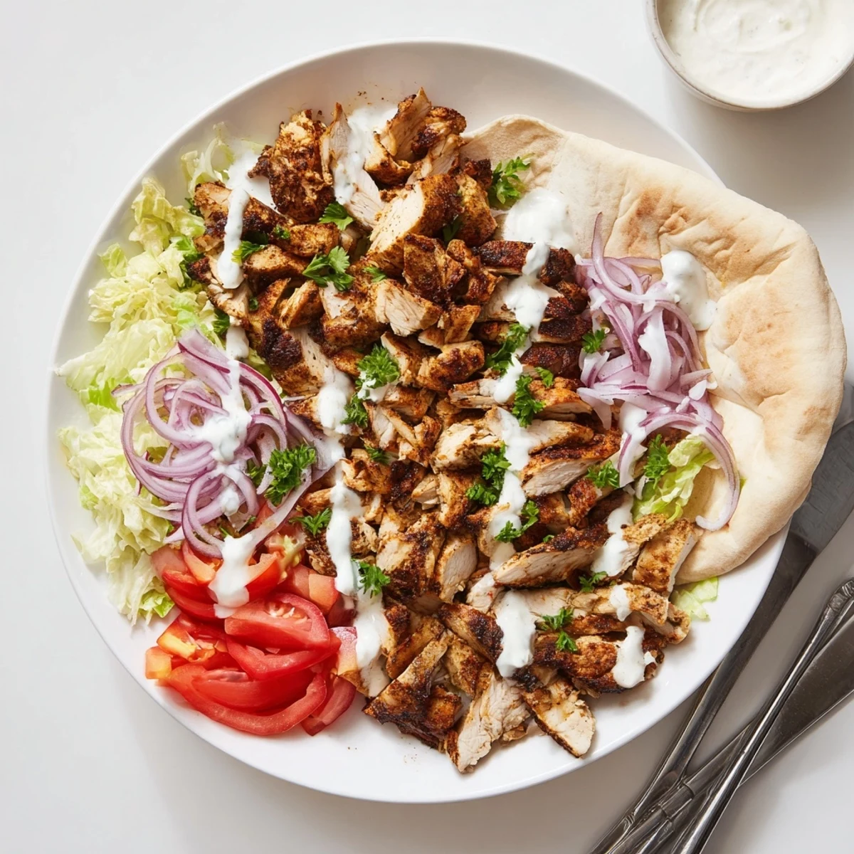 Golden spiced chicken shawarma slices drizzled with creamy white garlic sauce in a warm pita wrap
