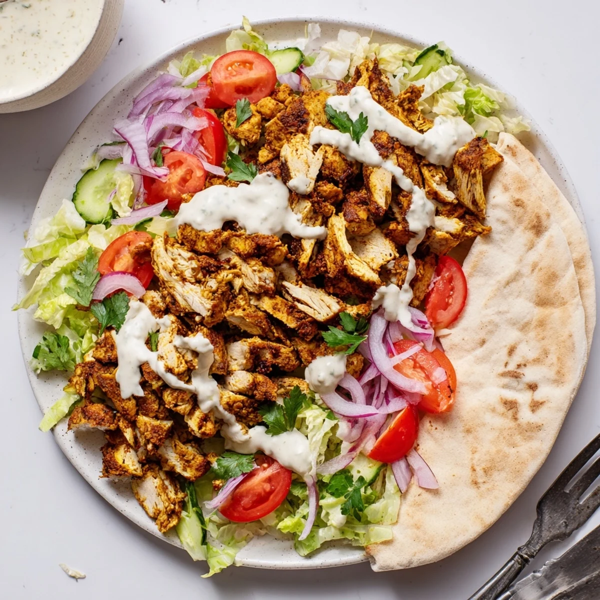 Tender marinated chicken thighs grilled to perfection and topped with zesty homemade toum garlic sauce