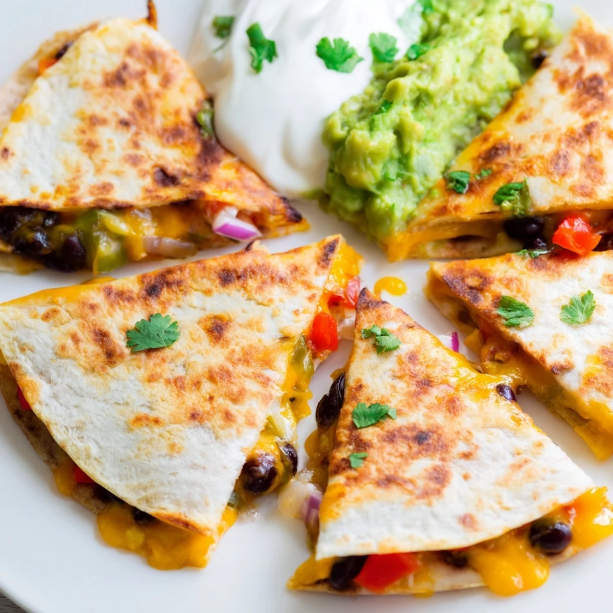 Golden brown quesadillas featuring melted cheddar and Monterey Jack cheese in crispy flour tortillas