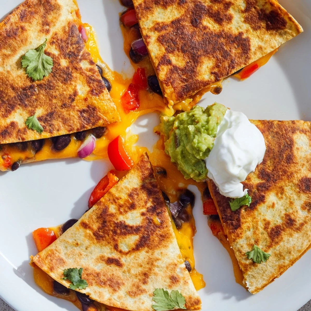 Homemade quesadillas cut into wedges served with fresh salsa guacamole and sour cream
