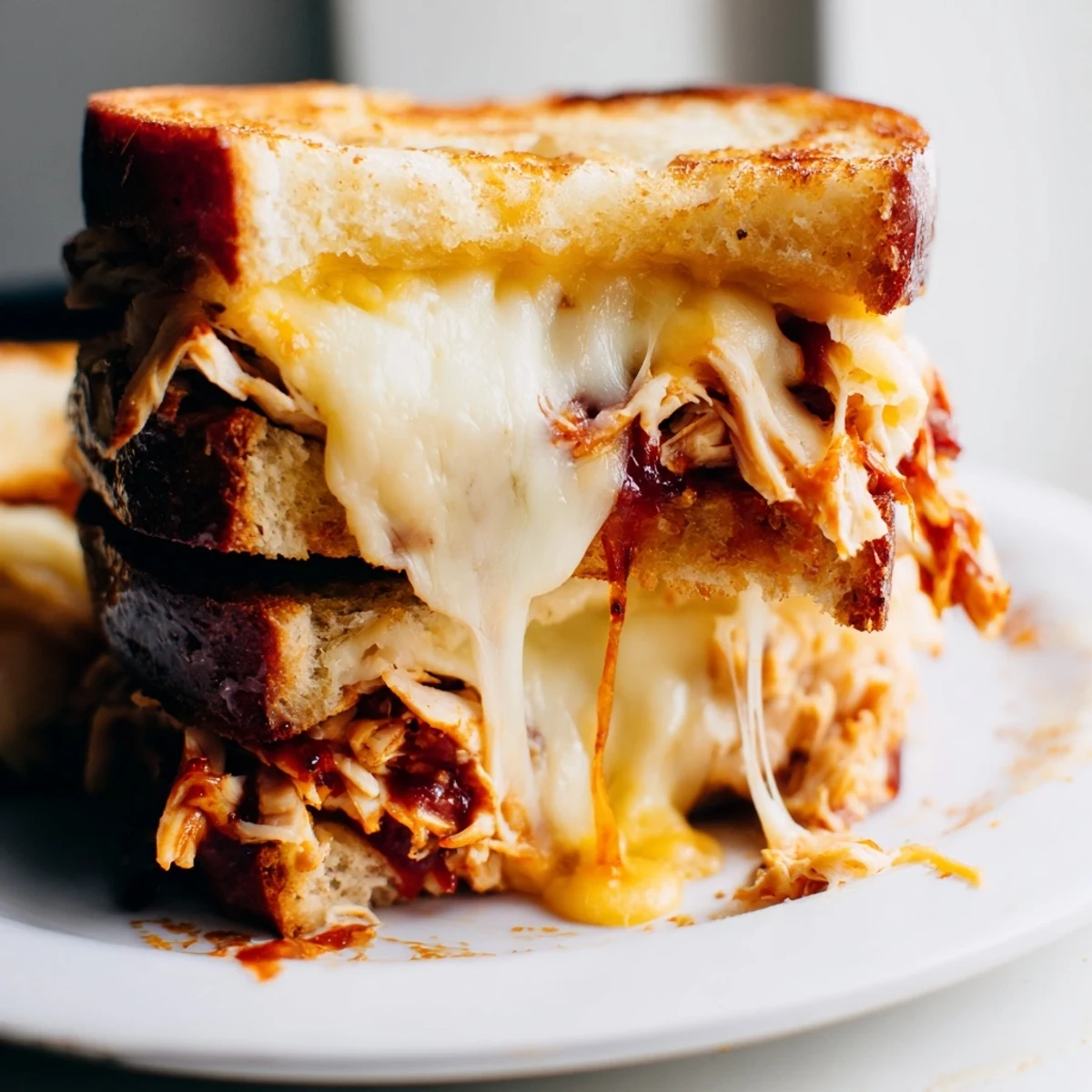 Sliced grilled cheese sandwich revealing tender BBQ chicken and gooey cheese layered inside golden buttery toast