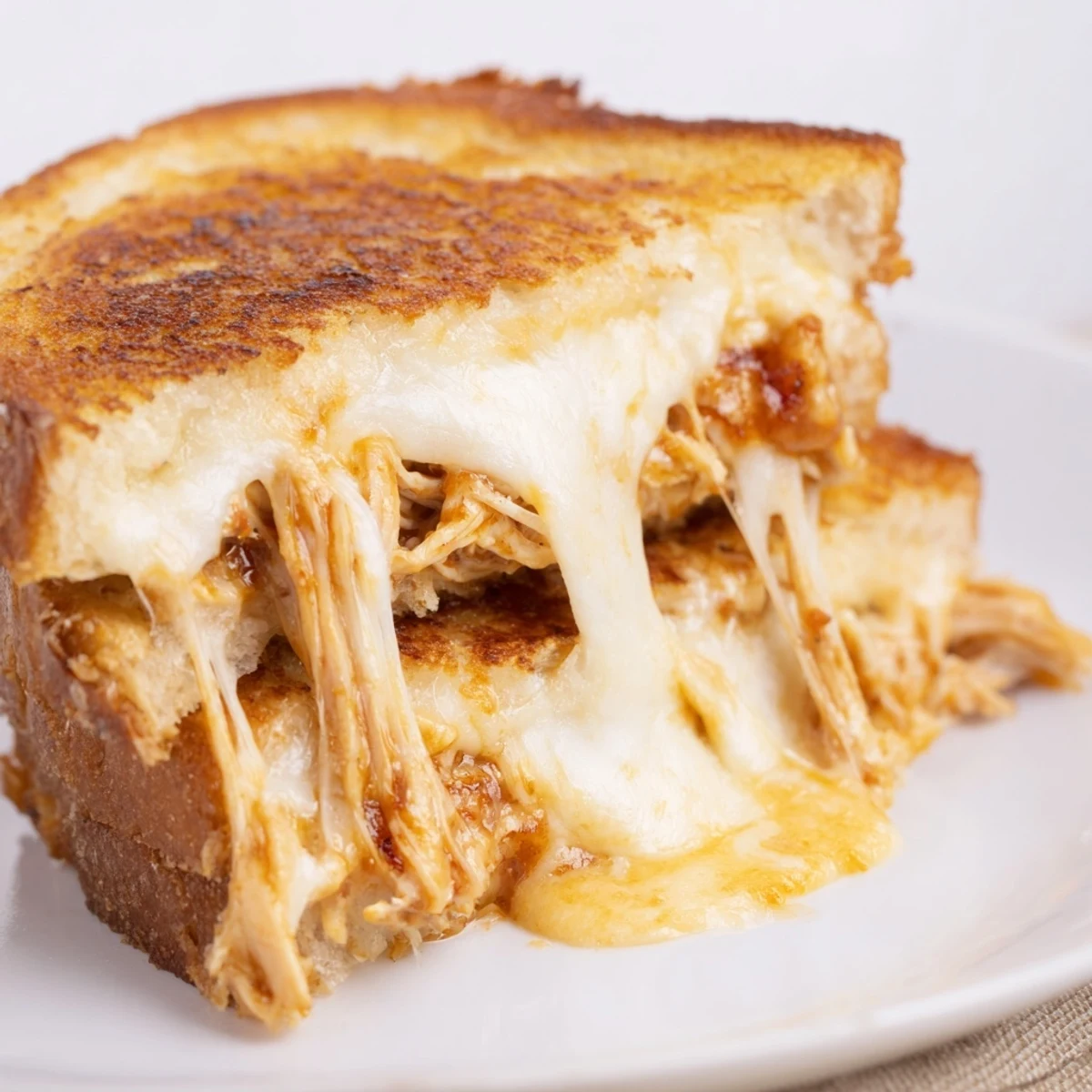 BBQ chicken grilled cheese sandwich cut diagonally showing melted cheese and pulled chicken on sourdough