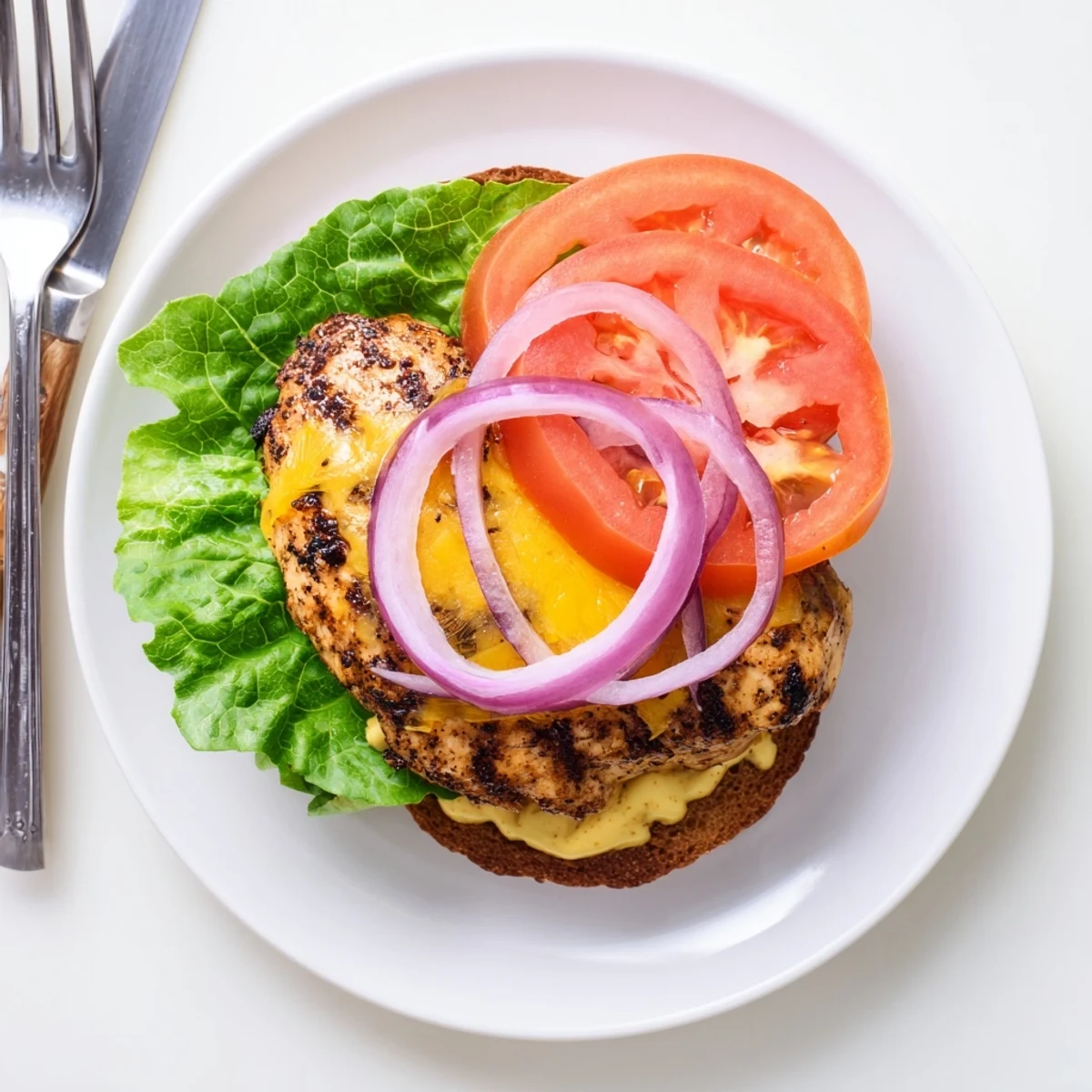 Golden grilled chicken breast sandwich topped with melted cheddar, crisp lettuce, and ripe tomato slices on a toasted bun