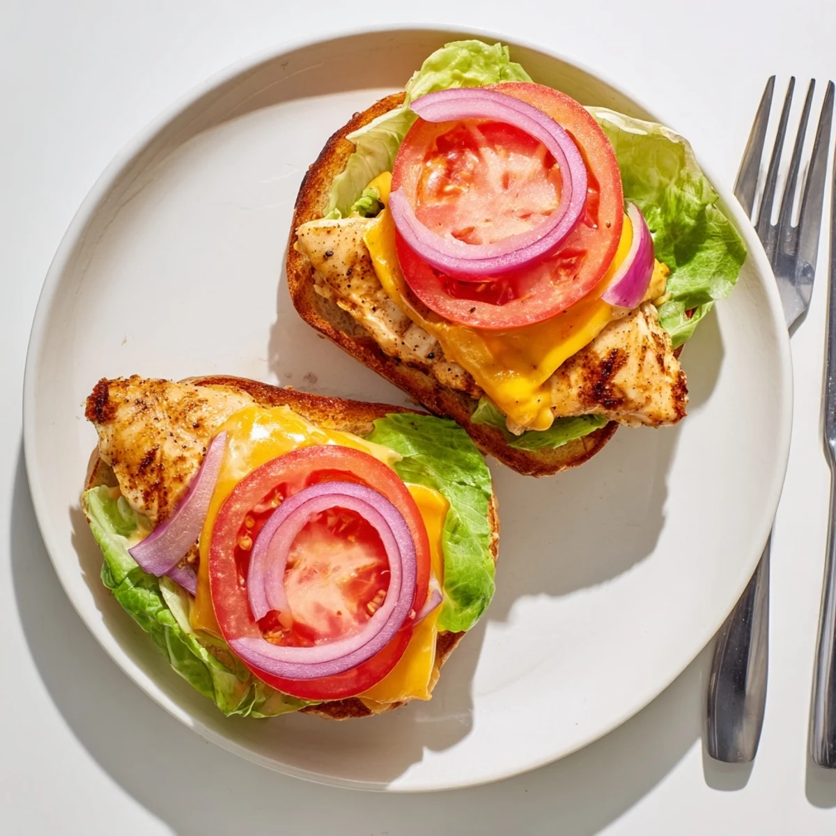 Juicy seasoned grilled chicken layered with fresh red onion and creamy Dijon mayonnaise spread on a warm ciabatta roll