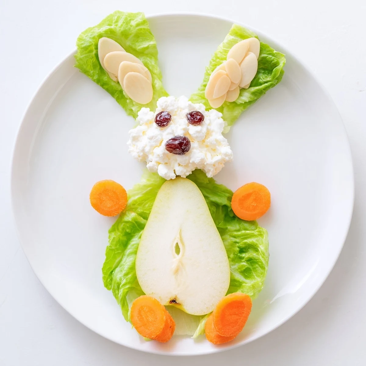 Kids' pear bunny salad displaying cute fruit bunnies with cottage cheese tails and raisin eyes