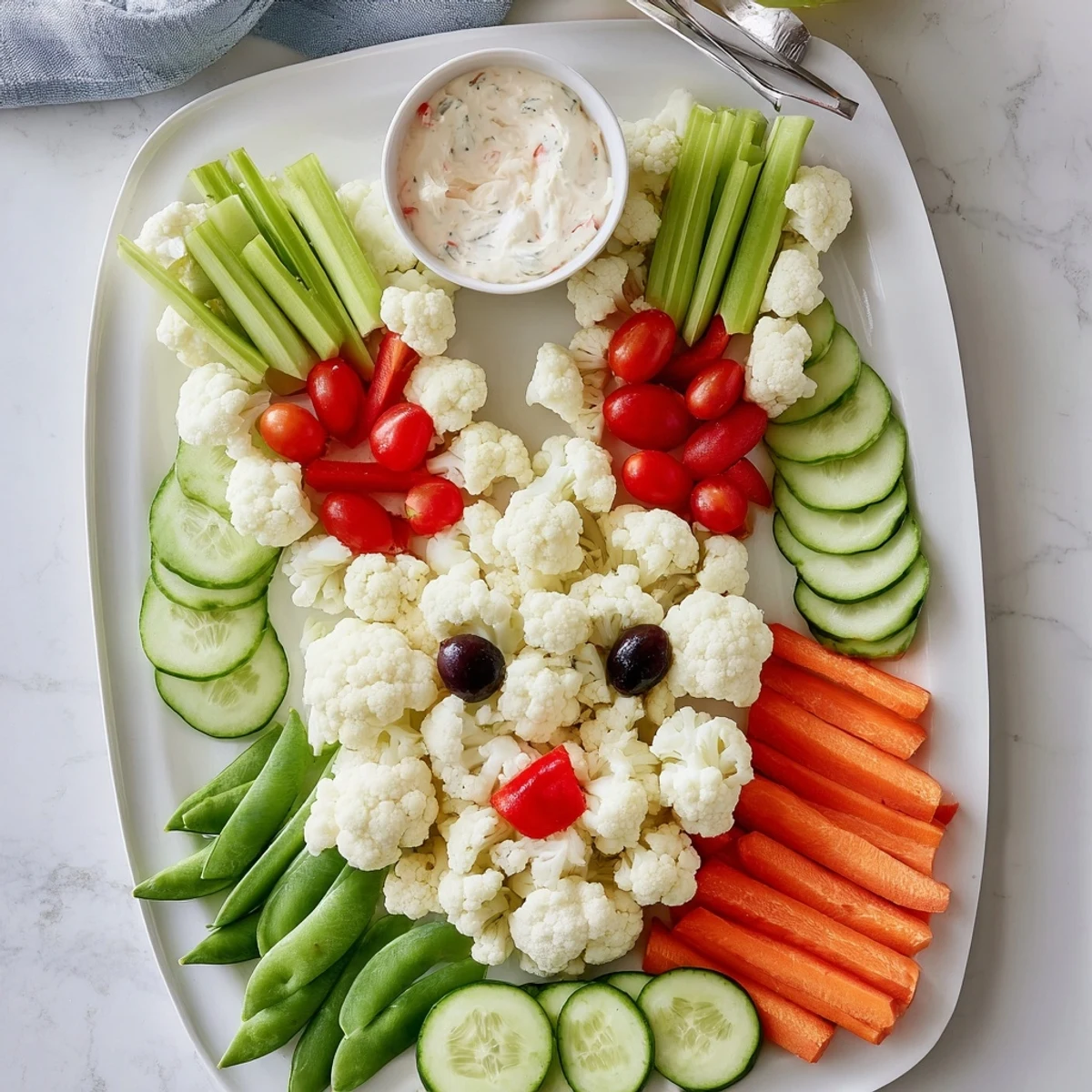 Easter Bunny veggie tray arranged with cauliflower cucumbers tomatoes peppers carrots celery olives and dip on serving platter