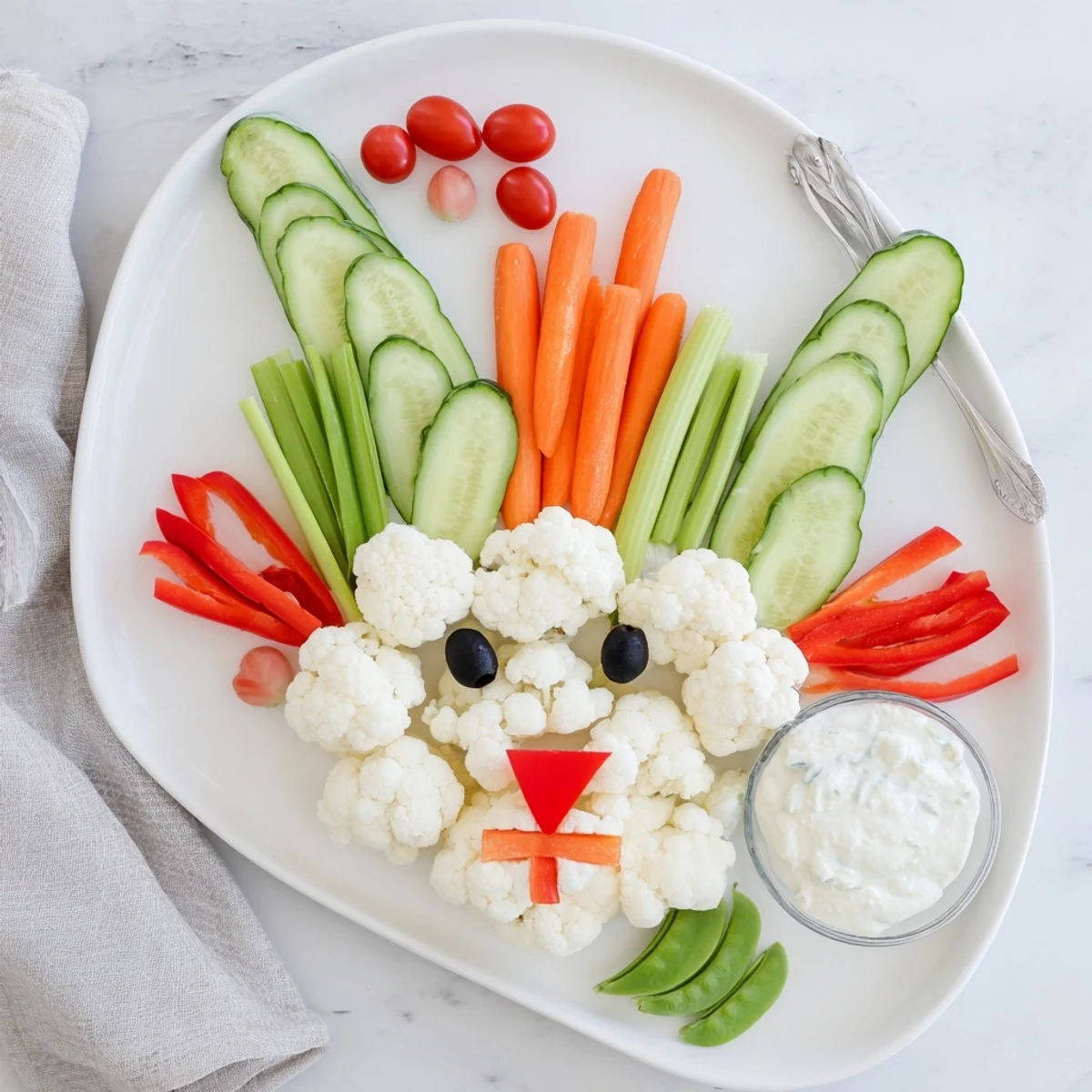 Healthy Easter Bunny veggie tray displayed on white platter with ranch dip ready for holiday gathering snacking