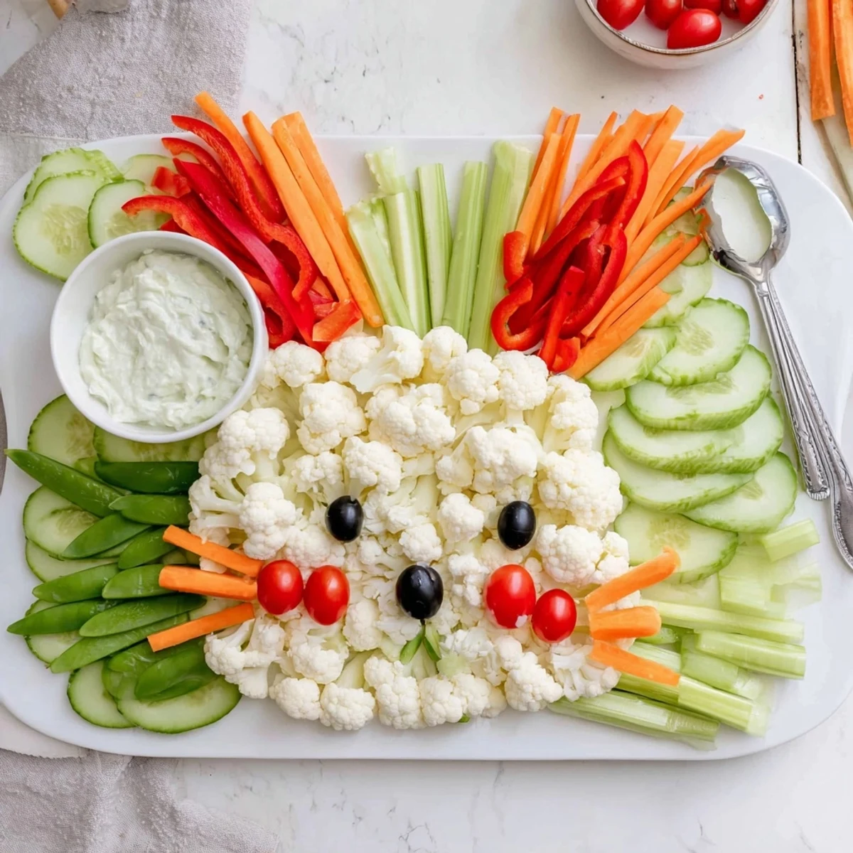 Festive Easter Bunny vegetable platter featuring fresh colorful veggies arranged in bunny shape for spring party appetizer
