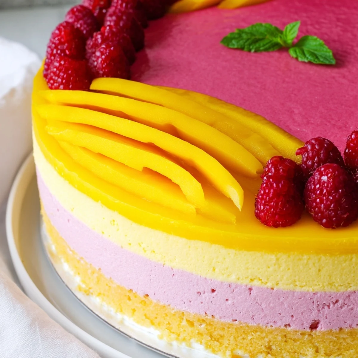 Golden mango raspberry mousse cake slice with fresh fruit garnish on white plate