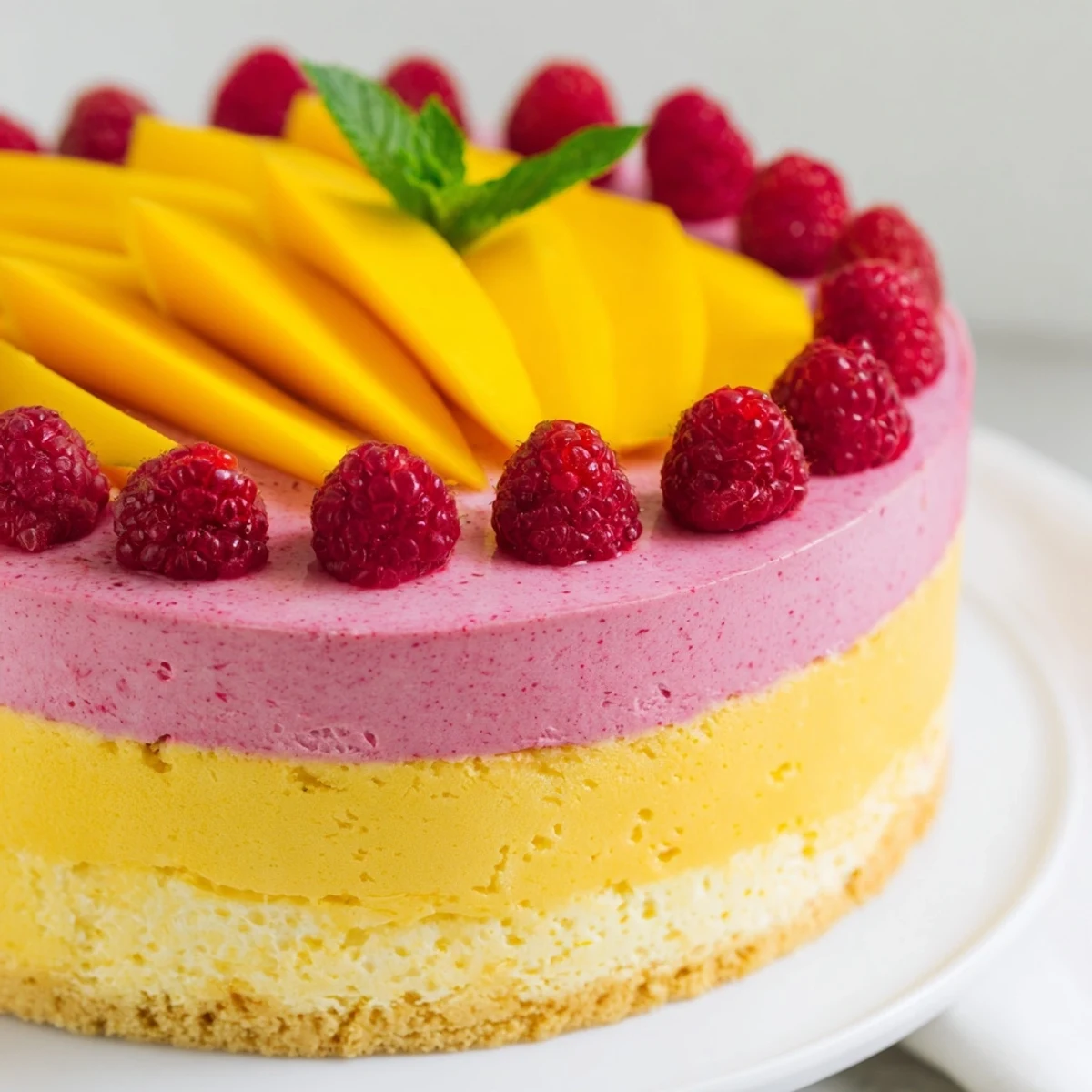 Layered mango raspberry mousse cake featuring tropical mousse and sponge base with berries