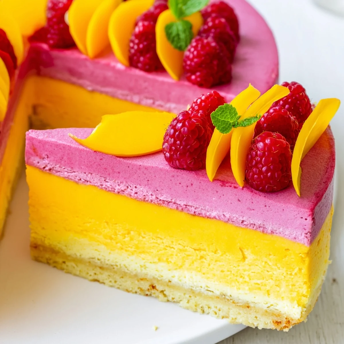 Elegant mango raspberry mousse cake topped with fresh mango slices and raspberries