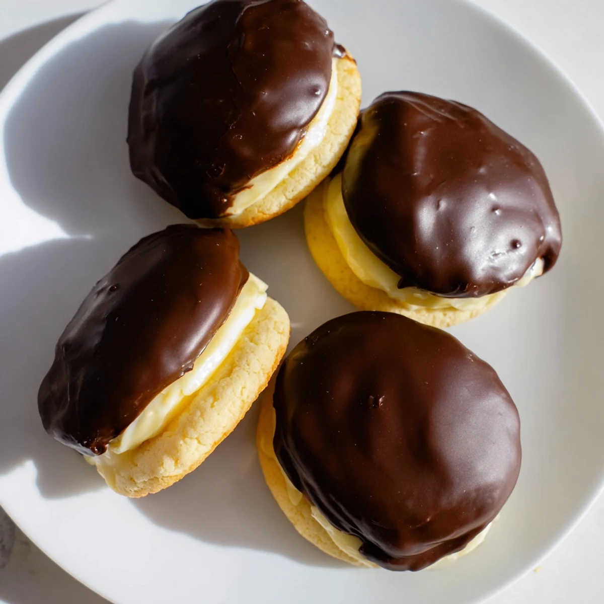 Homemade Boston Cream Pie Cookie Bites featuring fluffy cookies, smooth vanilla cream filling, and chocolate coating