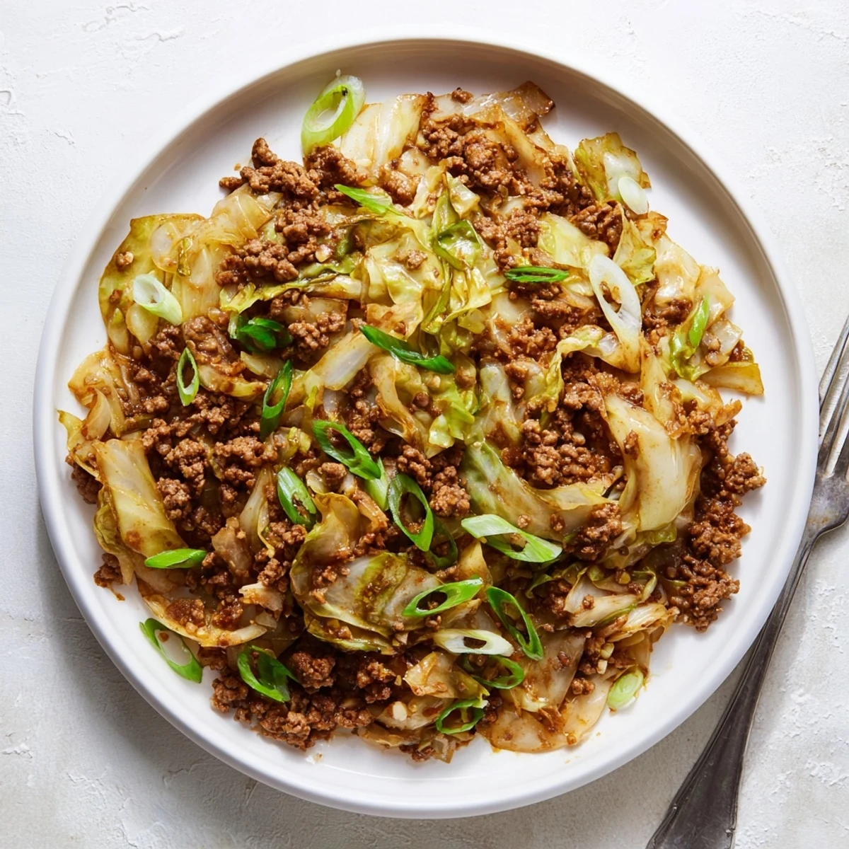 Savory low carb Mongolian ground beef and cabbage stir-fry served in a white bowl